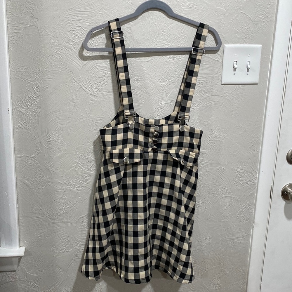 Hot Topic Ivory & Black Plaid Bow Suspender Skirt Size Medium